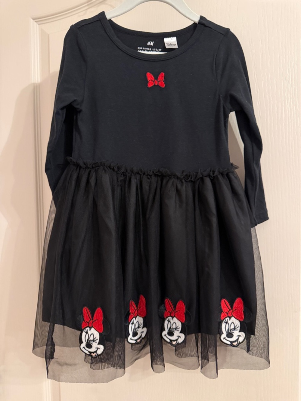 H&M Black Girls Minnie Mouse Tulle Dress with Red Bow Accents